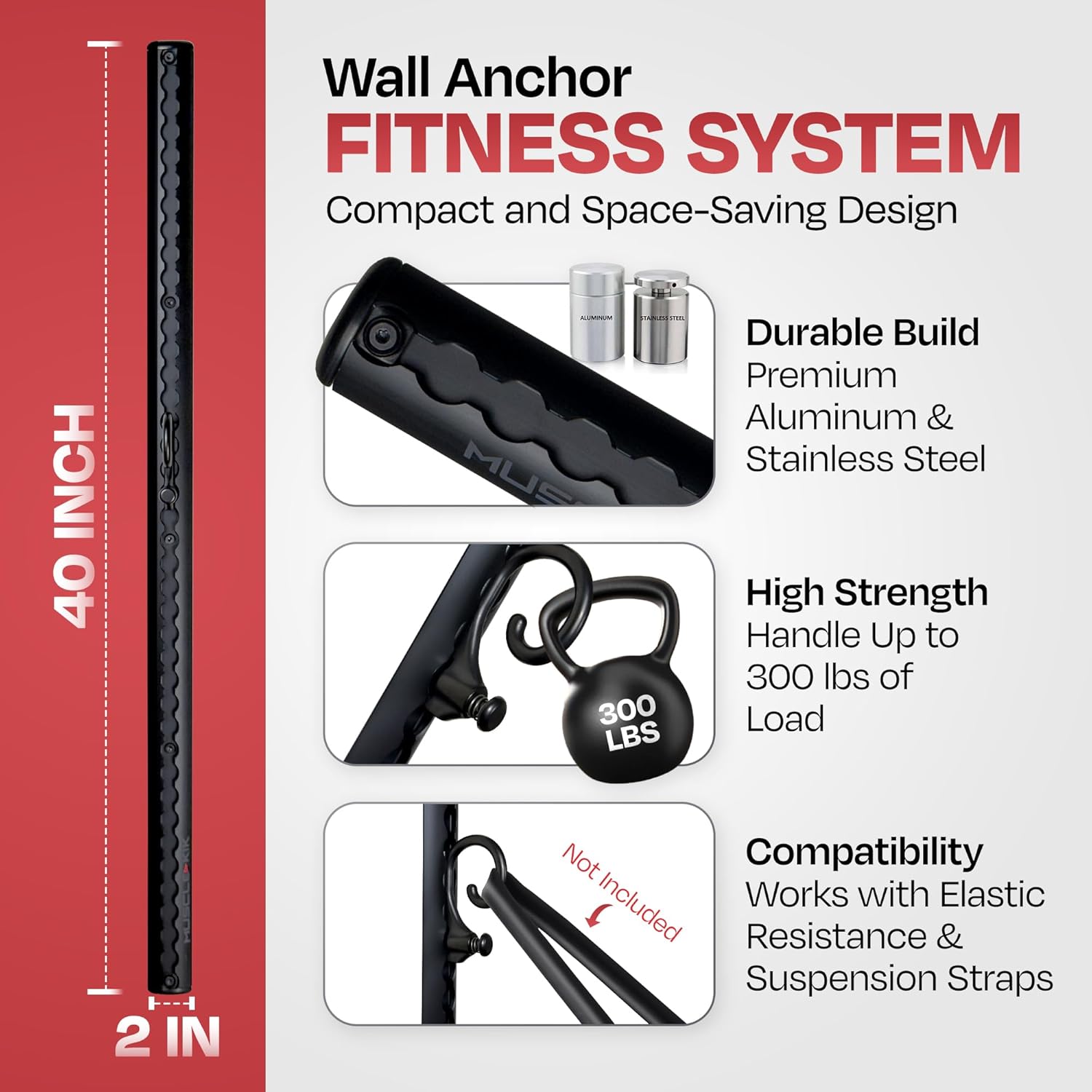 2) Double Black Aluminum Wall-Mounted Anchor Fitness System - Adjustable, Multi-Functional, Space Saving Home Gym Solution for Strength Training, Workout Goals | 100+ Exercises, Easy Installation, 300lbs Capacity