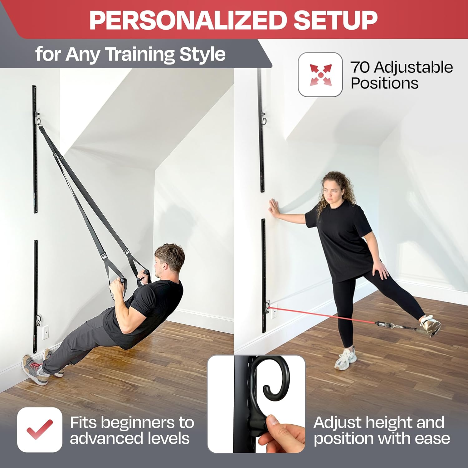 2) Double Black Aluminum Wall-Mounted Anchor Fitness System - Adjustable, Multi-Functional, Space Saving Home Gym Solution for Strength Training, Workout Goals | 100+ Exercises, Easy Installation, 300lbs Capacity