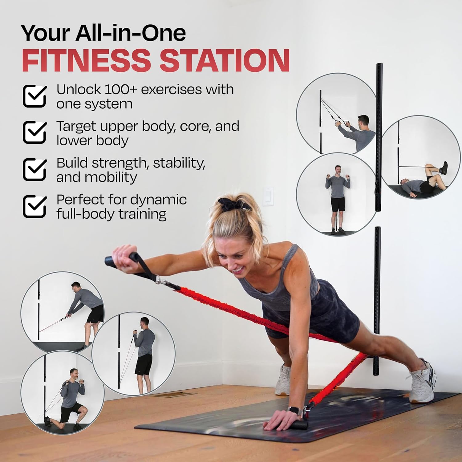 2) Double Black Aluminum Wall-Mounted Anchor Fitness System - Adjustable, Multi-Functional, Space Saving Home Gym Solution for Strength Training, Workout Goals | 100+ Exercises, Easy Installation, 300lbs Capacity