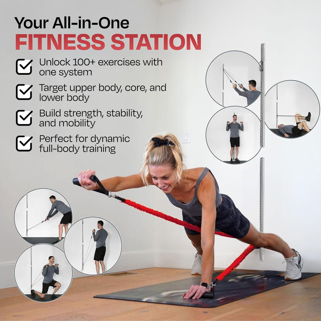 1) Double Silver Aluminum Wall-Mounted Anchor Fitness System - Adjustable, Multi-Functional, Space Saving Home Gym Solution for Strength Training, Workout Goals | 100+ Exercises, Easy Installation, 300lbs Capacity